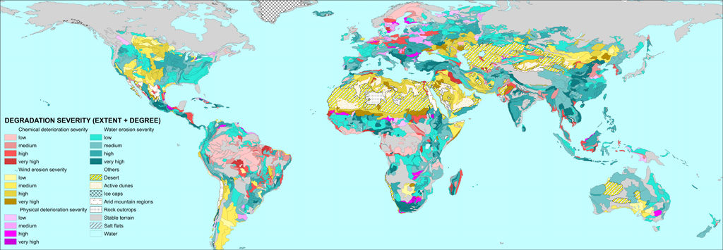 全球人类活动导致的土壤退化的评估(GLASOD)。阴影表明退化类型:化学(红色)、风(黄色)、物理(紫色)和水(蓝色),深色的阴影显示更高水平的退化。来源:Oldeman, l·R。Hakkeling, r·t·a .和Sombroek w . g .(1991)世界地图的人类活动导致的土壤退化的状态:一个注释(启。)、联合国环境规划署和ISRIC瓦赫宁根。