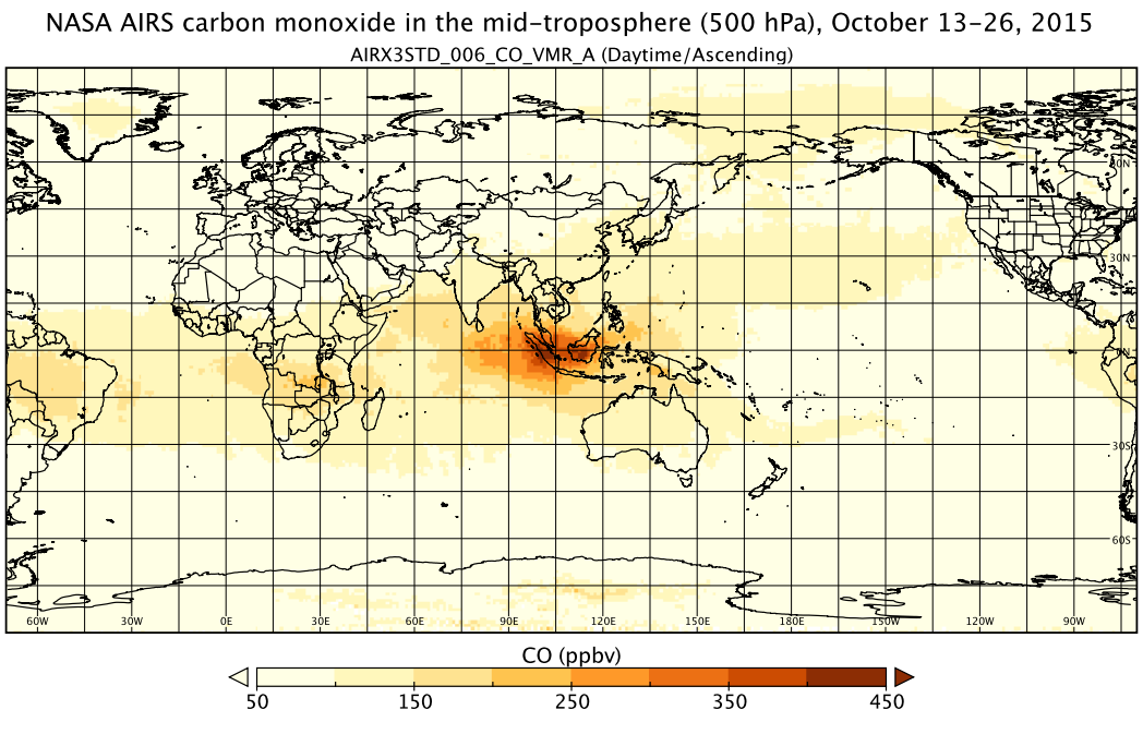 这张地图显示了2015年10月13日至26日期间大气中的一氧化碳，显示了从印度到菲律宾的印尼泥炭火灾的影响。