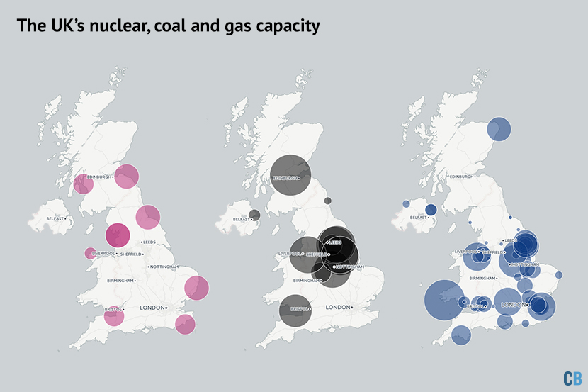 在英国核能、煤炭和天然气的能力