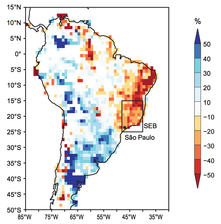 巴西2014年1月至2015年2月的雨量图，相对于1941-2010年的平均值(百分比)。黑匣子识别研究区域在巴西东南部(“SEB”)。资料来源:Otto等人(2015)。