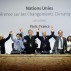 Laurence Tubiana，Christiana Figueres，Ban Ki-Moon，Laurent Fabius和Francois Hollande庆祝COP21巴黎气候会议的成功结束。