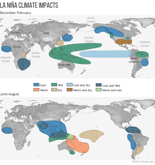 显示La Niña全球季节性影响的地图