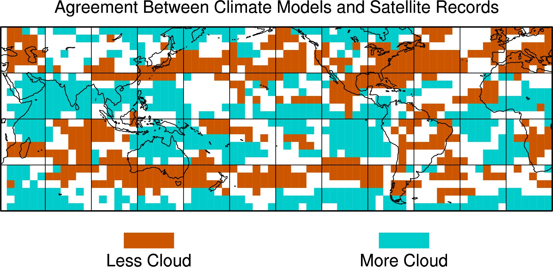 地点大多数气候模型和卫星记录的多数同意云如何改变从1980年代到2000年代,全球平均水平相对于变化。蓝色阴影表示增加云,而橙色阴影显示区域的减少。来源:诺里斯et al。(2016)。