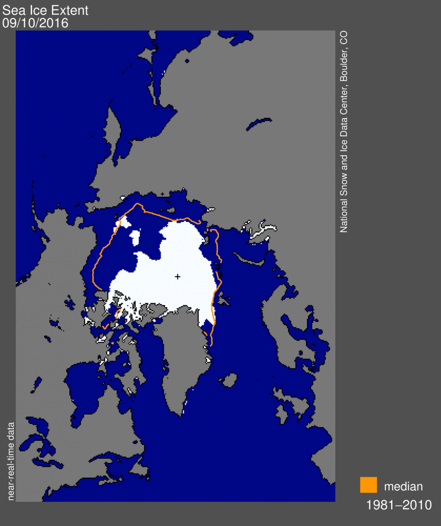 北极海冰范围的地图2016年9月10日。橙色线表示中位数海冰覆盖1981 - 2010年。黑色十字架表明北极。来源:国家冰雪数据中心