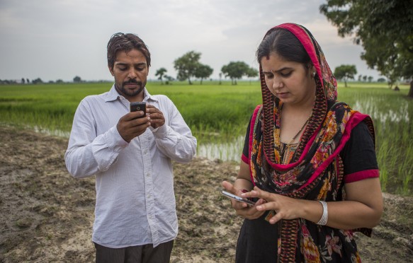 农民在他们的手机收到气候智能更新实践,Karnal作为适应项目的一部分,印度