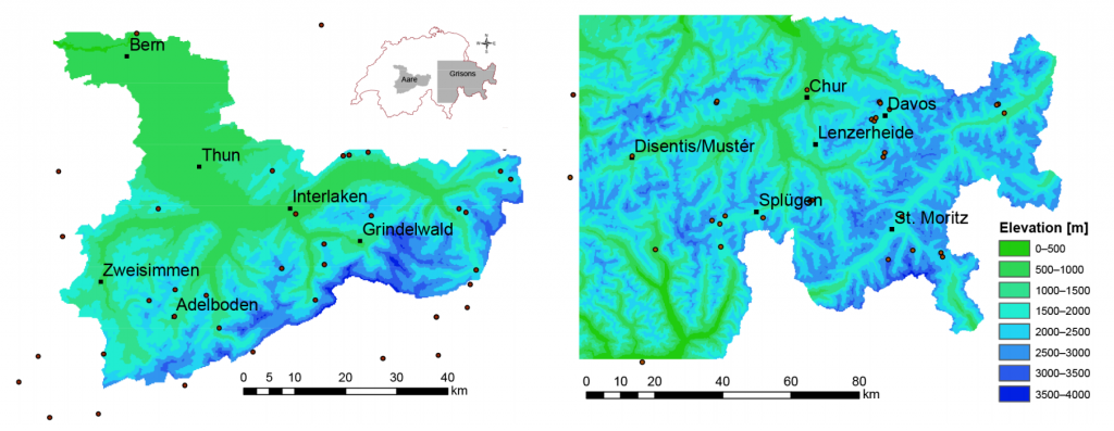 地理位置和海拔高度的阿勒河(左)和灰鼬鼠区域(右)。海拔低阴影蓝色高和绿色。点标记在这项研究中使用的气象站。来源:马蒂et al。(2017)