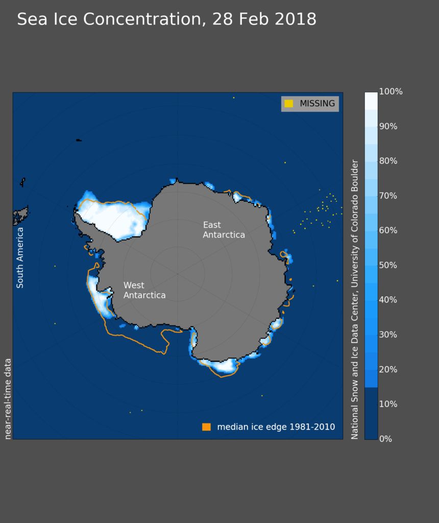 南极海冰范围为2018年2月28日。橙色线显示1981  -  2010年的中位海冰缘。来源:国家冰雪数据中心