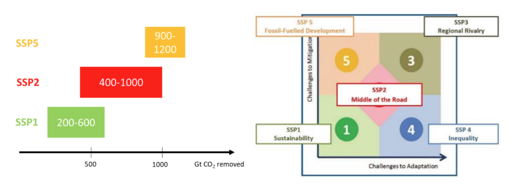 左面板显示了大量的CO2移除在不同社会经济途径(SSPs)共享。右面板的概述SSPs沿着维度和定位的挑战来缓解和适应