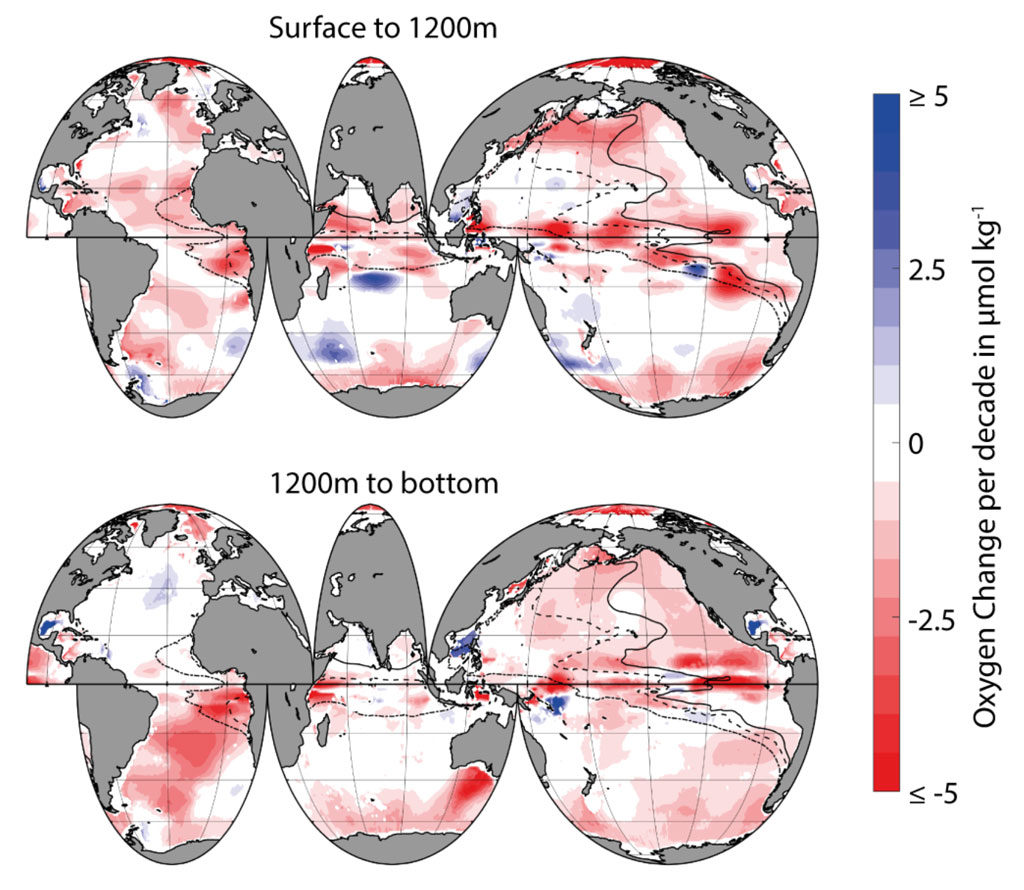 海洋中氧的变化。观测的估计50年(1960 - 2010)氧变化上(0 - 1200 m)和深度(1200 -海底)海洋微摩尔每公斤每十年(µmol /公斤/十年)。数据是取自Schmidtko et al。(2017)。线表示氧最小区域的边界与小于80µmol /公斤氧气内水柱的任何地方(dash-dotted),不到40µmol /公斤(虚线)和小于20µmol /公斤(固体)。