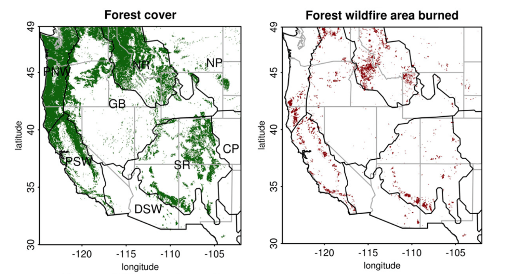 从1984  -  2015年，两种地图显示了森林封面和森林野火面积从1984  -  2015年在八个西部美国域名：中原（CP），沙漠西南（DSW），大盆地（GB），北部平原（NP），北罗克斯（NR），太平洋西北（PNW），太平洋西南（PSW）和南部落矶（SR）