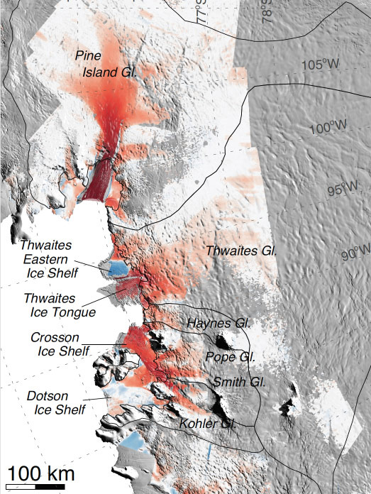 阿蒙森海槽的地图显示的位置Crosson冰架,执行长戴森(和Dotson)和Thwaites海恩斯冰川。来源:美国国家航空航天局/埃里克·里戈诺特