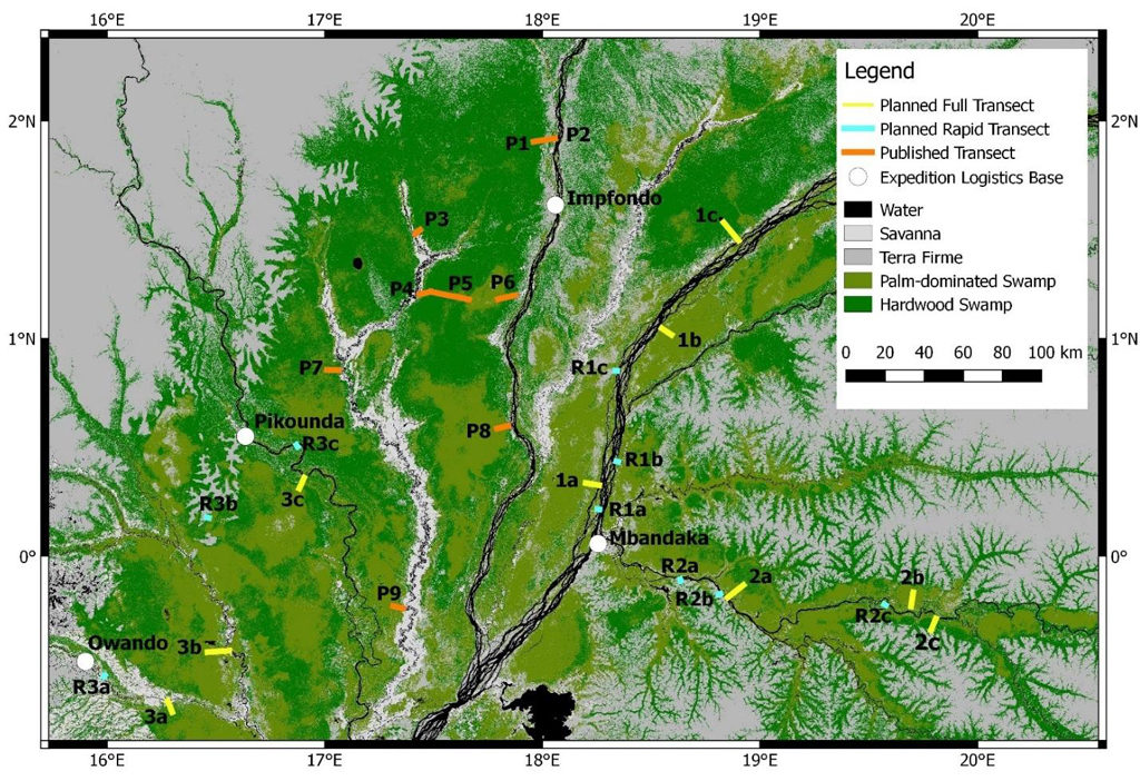 计划的三个主要考察研究人员将承担沼泽泥炭地,贴上1到3。在地图上,绿色显示了泥炭地;黄色和蓝色显示的新样品将;橙色显示样品之前在刚果共和国了。来源:刘易斯,未发表的