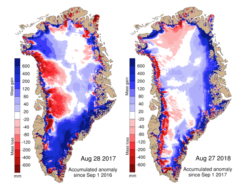地图显示了2017年(左)和2018年(右)年度SMB与1981-2010年期间(以冰融化的毫米为单位)的差异。蓝色表示增加的冰比平均水平多，红色表示减少的冰比平均水平多。资料来源:DMI极地传送门。