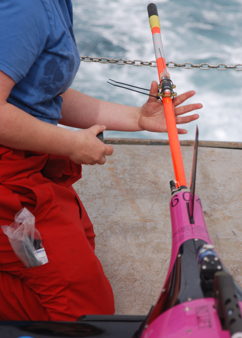 图为苏格兰海洋科学协会技术员卡伦·威尔逊在部署前为一架滑翔机做最后准备。biwei6868冰岛盆地，2014年7月。来源：石南花毛茸茸，森林孔海洋学机构