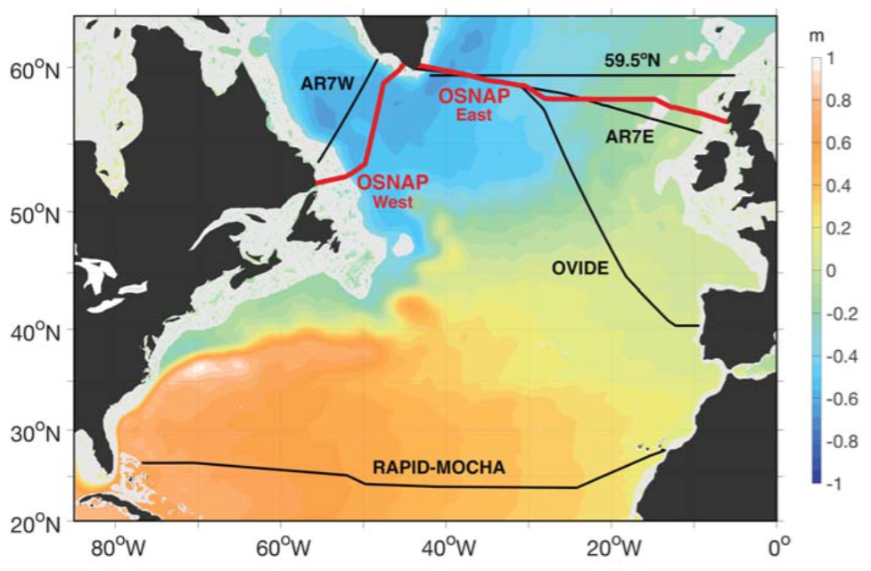 地图显示跨北大西洋程序（OSNAP）阵列（RED）的翻倒。还示出了快速阵列，象鼻阵列和加拿大监测程序（“AR7W”）的位置。颜色代表海洋深度。来源:Lozier等人(2019)