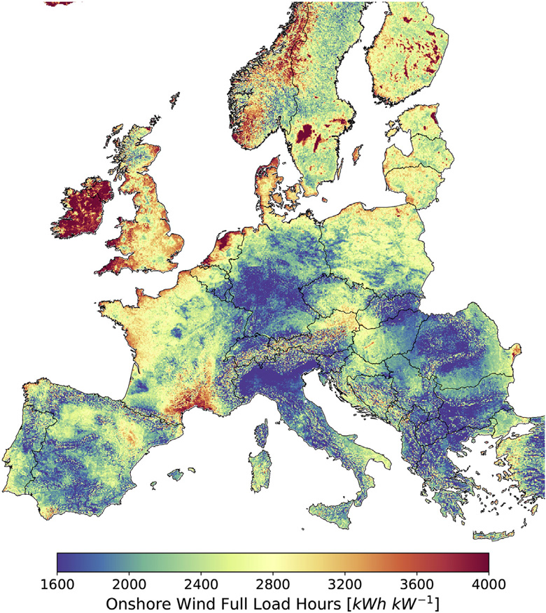 平均年度风力容量因素映射到欧洲，不包括任何考虑如何适合的土地适用于风险厂。（Ryberg等，2019）