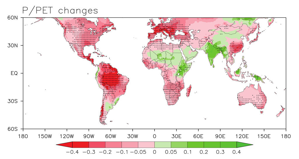 预计干旱度指数的变化(降雨量比宠物),2100年由27个CMIP5气候模型模拟土地下RCP8.5场景。来源:舍伍德&富(2014)。复制与许可史蒂文舍伍德。
