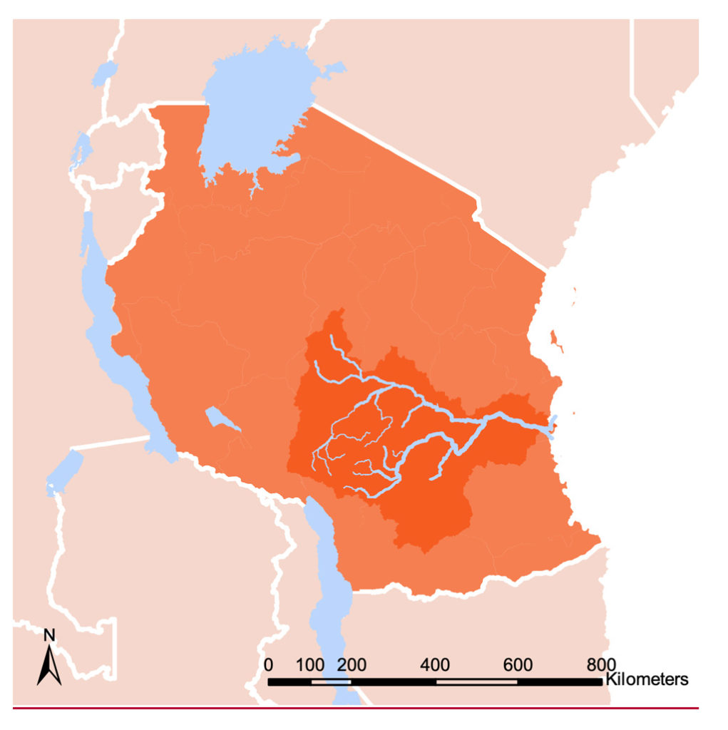 地图显示Rufiji河流域(暗橙色)在坦桑尼亚(橙色)。来源:康威et al。(2019)
