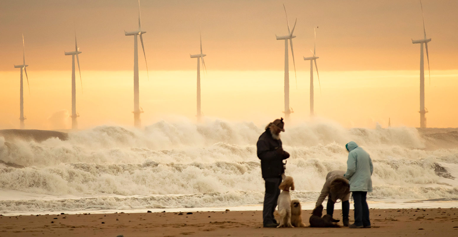 英国达勒姆郡Seaton Carew Beach附近的海上风电场。图片来源：Islandstock / Alamy Stock Photo。pywfwf