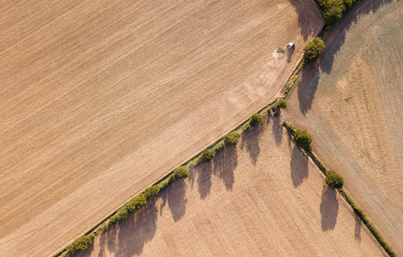 犁在萨福克，英国的拖拉机的鸟瞰图一个领域的一个领域。信用：克里斯卡伦/ alamy股票照片。2a0x231.