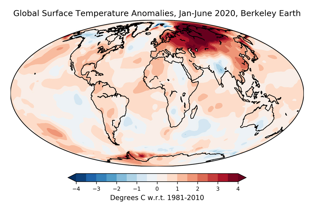 伯克利地球2020年上半年(1月至6月)的平均表面温度。
