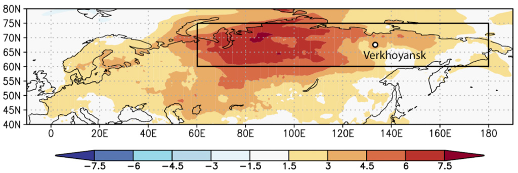 2020年1月至6月西伯利亚的平均气温与1981年至2010年的平均气温相比。深红色表示高于平均温度。黑盒子突出了研究区域。