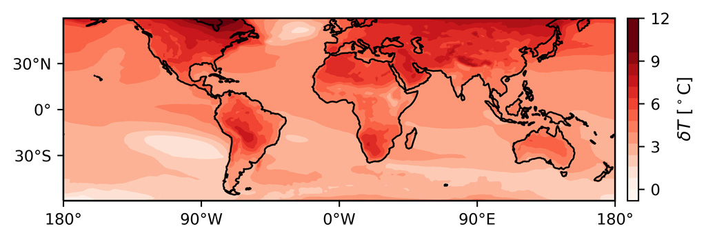 相对于历史时期(1980-2000年)的21世纪末(2080-2100年)近地表温度变化的气候模式预测。GFDL-CM4模型在高排放SSP58.5情景下的数据;Myrne的图表。