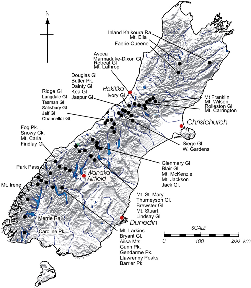 新西兰南岛的地图显示冰川。
