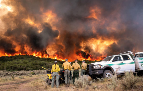 消防员在科罗拉多州的松树湾大火上观看强烈的火焰。