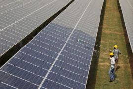 在印度古吉拉特邦，工人们正在清洁太阳能发电厂内的光伏板。
