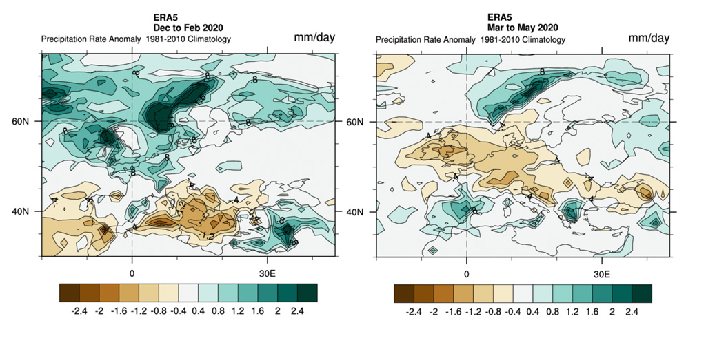 来自ERA5再分析的欧洲冬季和春季降水异常