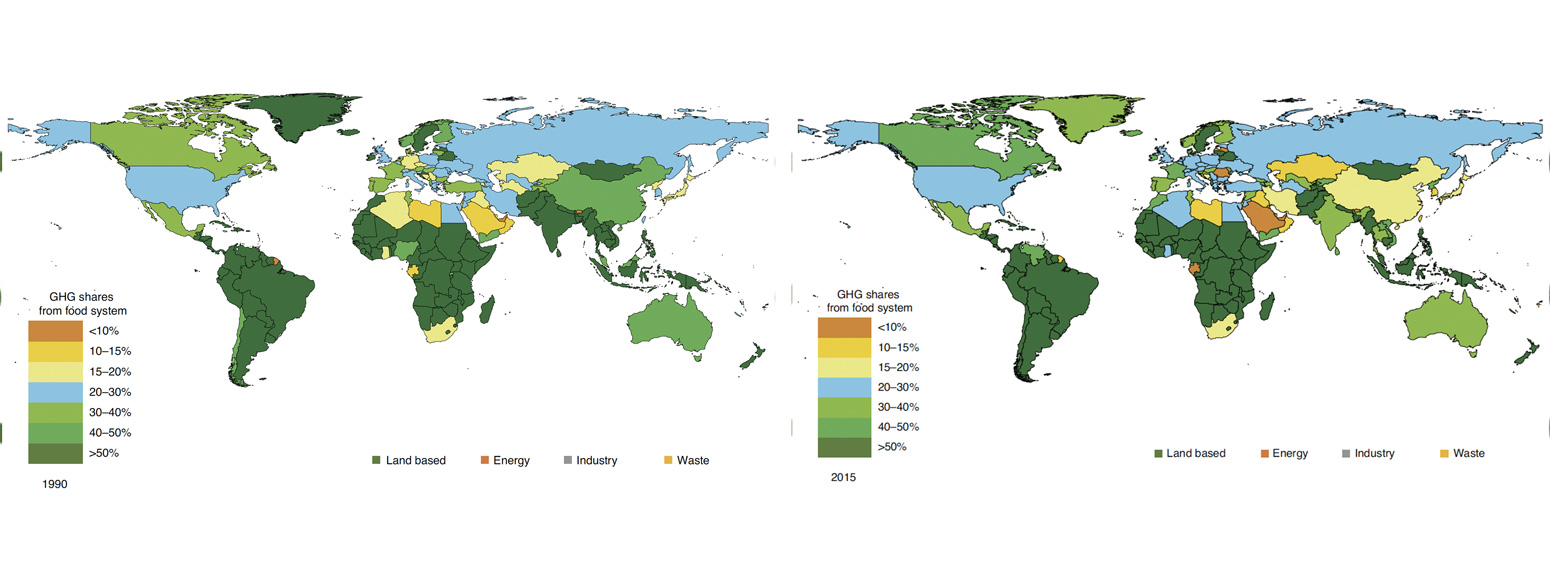 食品系统的温室气体排放的份额为1990年和2015年的每个国家的总排放量的一小部分