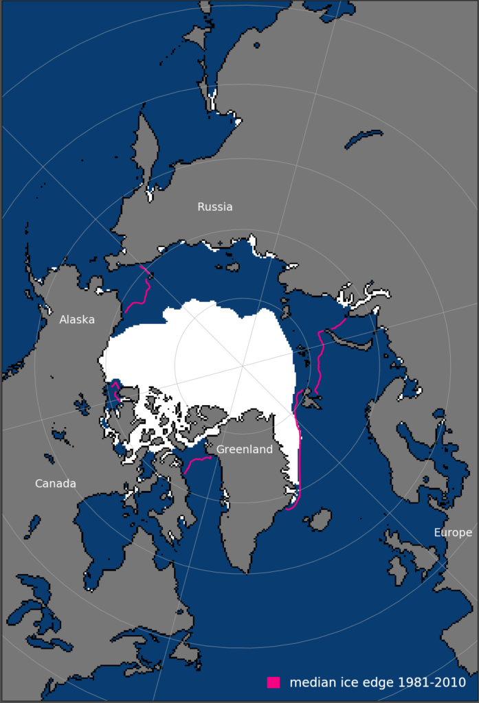 2020年10月北极海冰平均范围。粉色的线显示了1981年至2010年当月的平均程度。