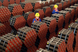 Factory workers in Tongcheng, China, on 17 November 2020. Credit: Costfoto/Alamy Stock Photo.