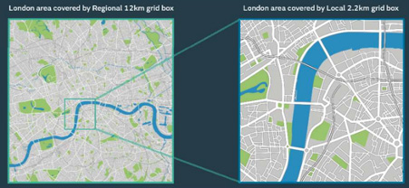 伦敦地图比较12km和2.2km气候模型网格箱的尺寸