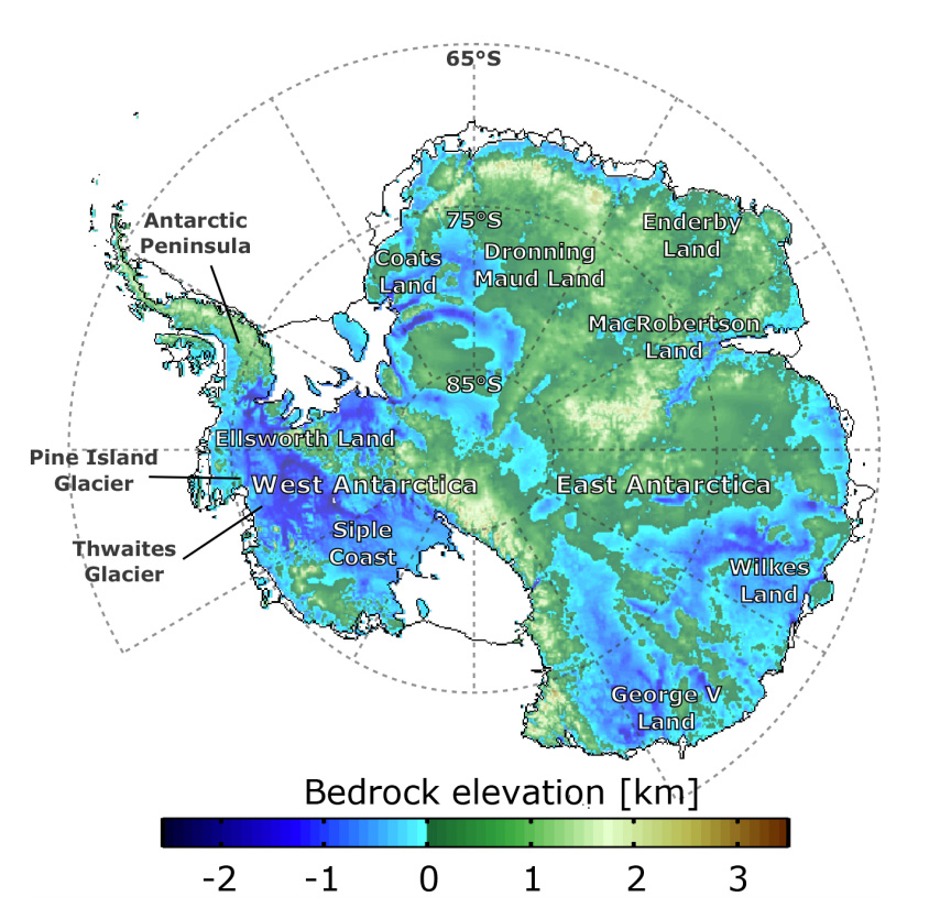 南极洲基岩海拔地图绘制使用BEDMAP2数据集。
