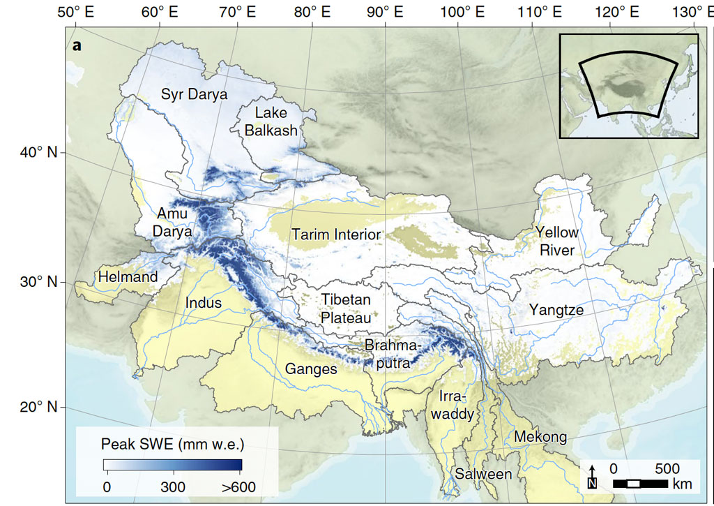高山亚洲地图，显示主要河流和盆地