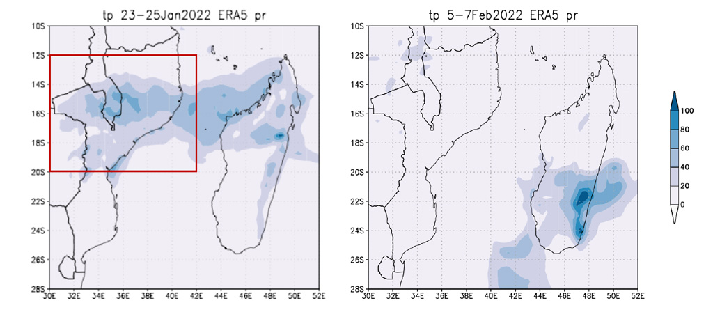 累积降雨量从热带风暴安娜和热带气旋Batsirai在莫桑比克和马拉维