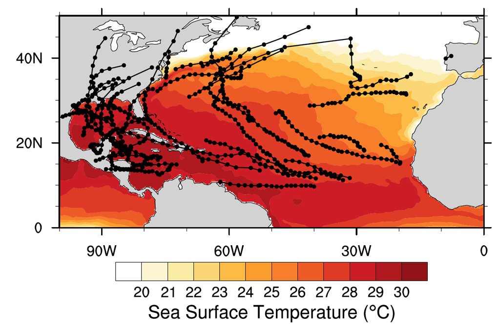 观察到飓风追踪和北大西洋海洋表面温度