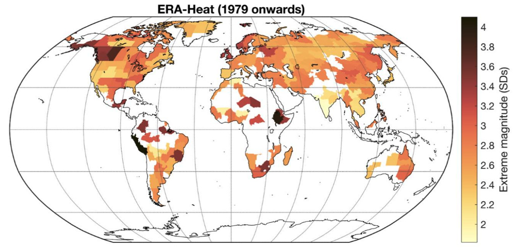 自1950年以来最大的热极端的大小在世界每个地区