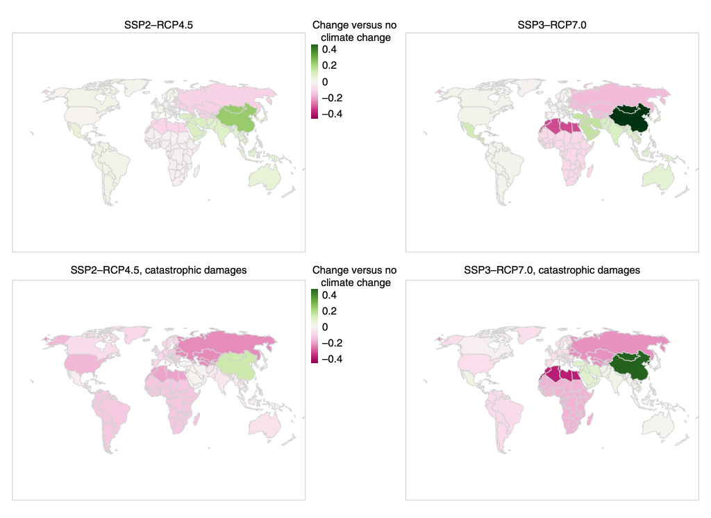 下面的地图显示的变化来自不同地区的移民在四个不同的组合场景的世纪。左列显示了“媒介”SSP2-RCP4.5场景,而正确的列显示“更悲观”SSP3-RCP7.0场景。顶部和底部两个地图,分别显示两个气候变化破坏场景;“基线”和“灾难性的”。绿色和粉红色阴影表明,气候变化导致增加和减少迁移,分别。