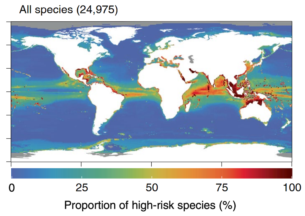物种的比例在高或关键气候风险下ssp5 - 8.5,到2100年,红色阴影表示疫情最严重的地区。