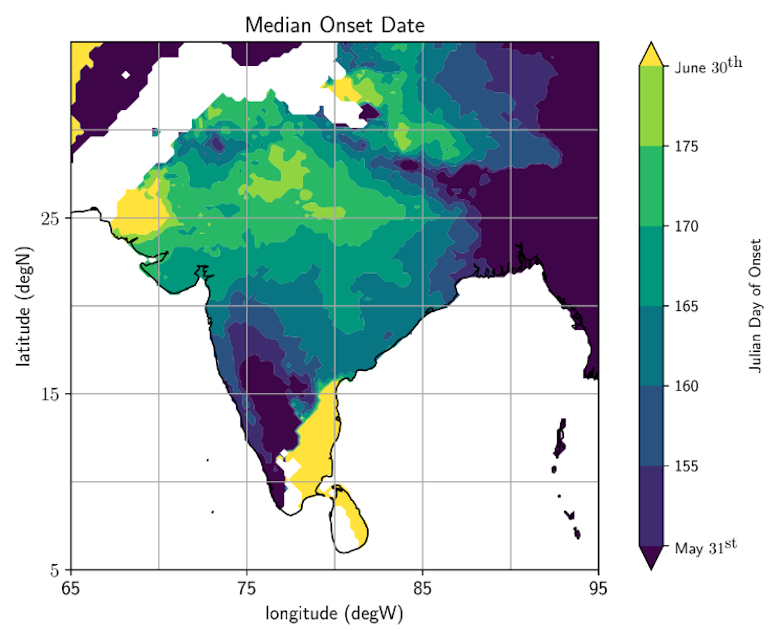 平均发病日期南亚季风的地图。