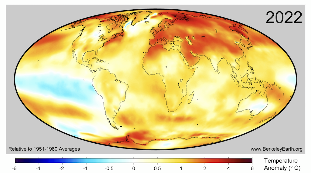 从伯克利地球表面温度异常为2022。注意,伯克利使用1951 - 80年基准来计算异常。