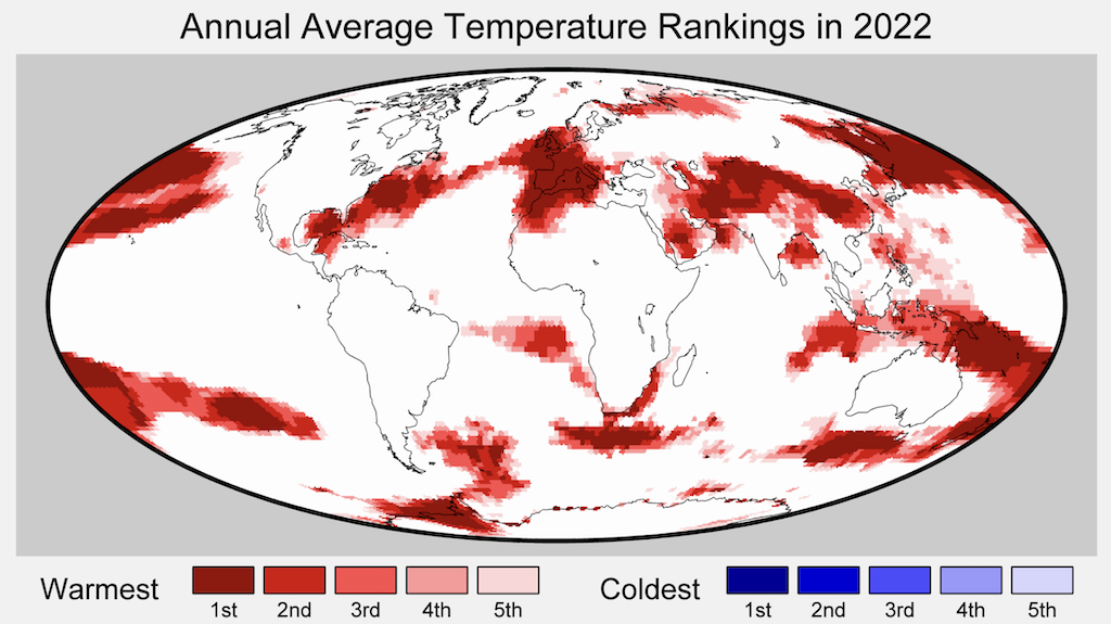 地区之间的五个最热的(红色)的五个最酷的(蓝色)在2022年的年平均气温记录。从伯克利地球图。