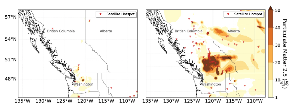 烟尘浓度和卫星热点(指示可能野火活动)pre-heatwave条件(左)和post-heatwave条件(右)。来源:白色et al。(2023)。