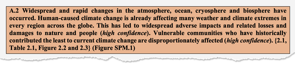 A2标题SPM的声明,作者花了几个小时制作”,以反映对人类和自然系统脆弱性和影响。联合国政府间气候变化专门委员会(2023)SPM p5
