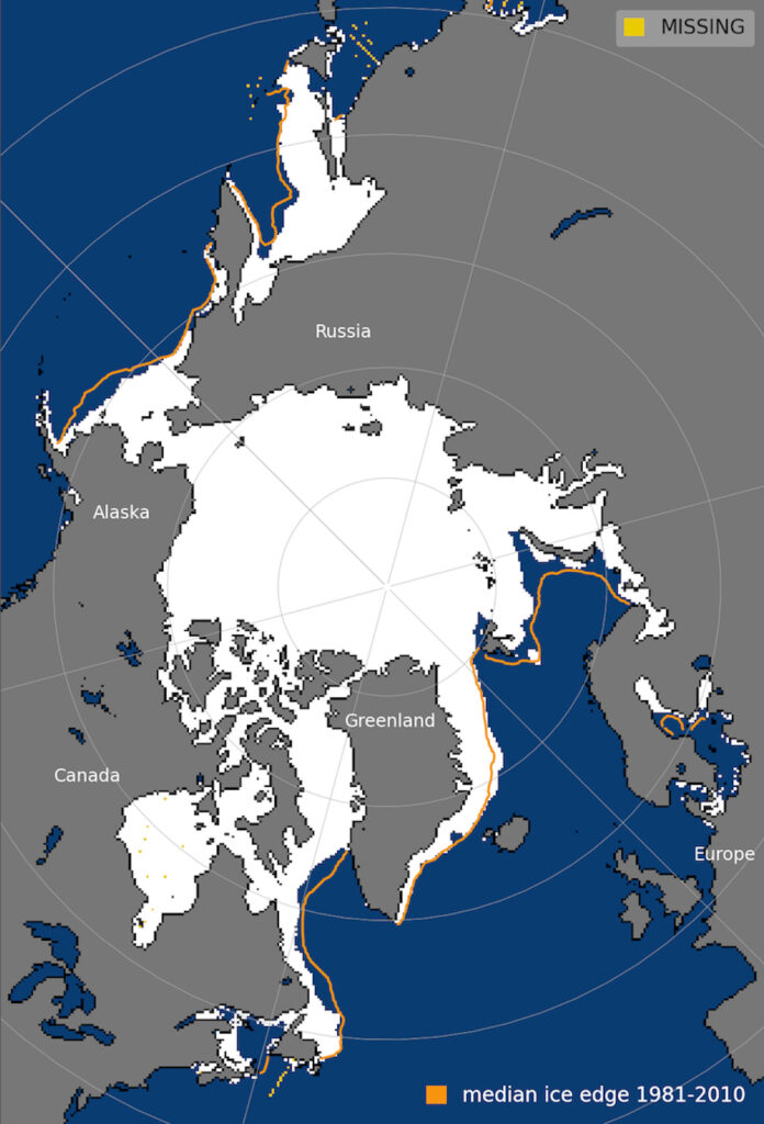 3月7日北极海冰范围。1981 - 2010年平均海冰边缘橙色所示。来源:国家冰雪数据中心。