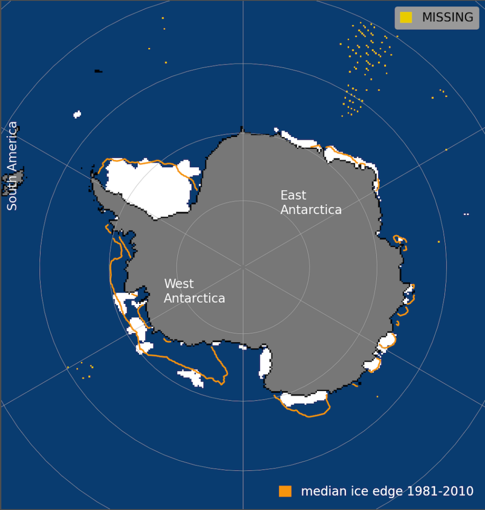 南极海冰范围,2023年2月21日。