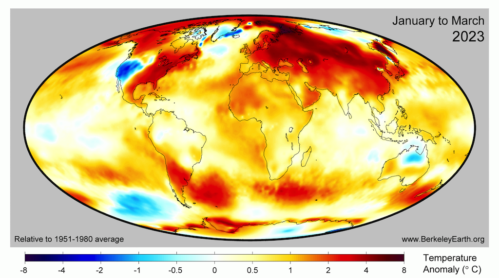 全球表面温度异常2023年的前三个月相比1951 - 1980年基线时期,来自伯克利地球。